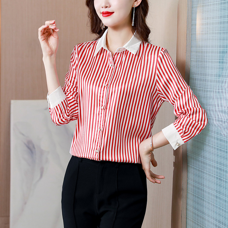 Κομψό Γυναικείο Γυναικείο Γραφείο Ριγέ Μεταξωτά Πουκάμισα Γυναικείες Μπλούζες Ανοιξιάτικη Φθινοπωρινή Μόδα Μακρυμάνικο Μπλουζάκι Casual Chic