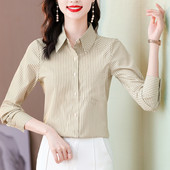 Γυναικεία σατέν μεταξωτά ριγέ πουκάμισα Άνοιξη φθινόπωρο Φαρδιά μακρυμάνικα μπλουζάκια Κορεατικής μόδας Γυναικεία πουκάμισα εργασίας Γυναικεία ρούχα