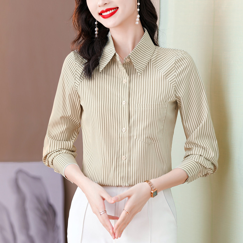 Γυναικεία σατέν μεταξωτά ριγέ πουκάμισα Άνοιξη φθινόπωρο Φαρδιά μακρυμάνικα μπλουζάκια Κορεατικής μόδας Γυναικεία πουκάμισα εργασίας Γυναικεία ρούχα