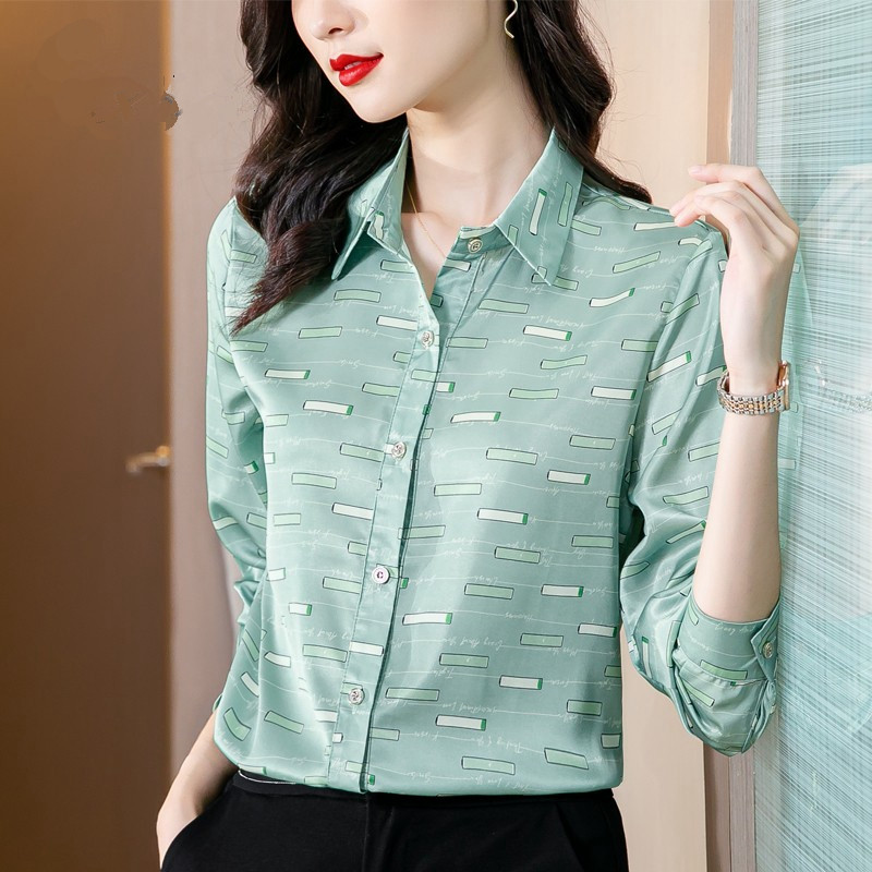 Cămăși casual cu dungi Bluză din mătase din satin pentru femei Elegant OL Office Doamnelor Cămașă de lucru cu imprimeu verde Moda Topuri pentru femei primăvară toamnă
