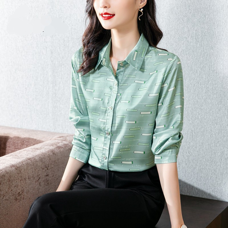 Cămăși casual cu dungi Bluză din mătase din satin pentru femei Elegant OL Office Doamnelor Cămașă de lucru cu imprimeu verde Moda Topuri pentru femei primăvară toamnă