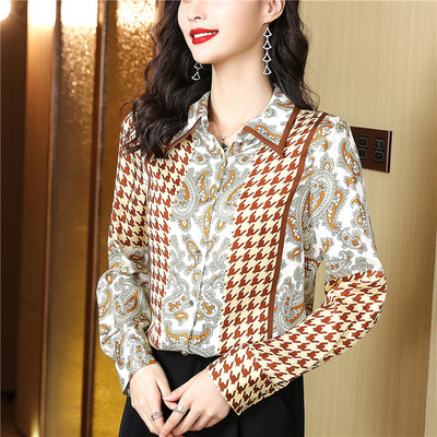 Vintage Houndstooth zīda krekli Sieviešu ikdienišķa ziedu apdruka ar garām piedurknēm satīna blūze Biroja sieviešu eleganti darba kreklu ballīšu topi