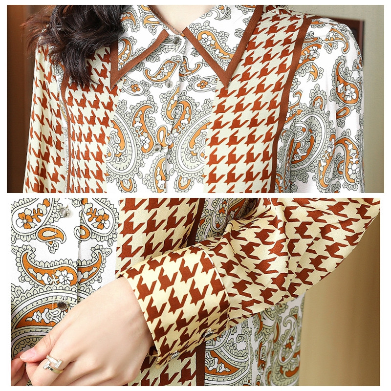Vintage Houndstooth zīda krekli Sieviešu ikdienišķa ziedu apdruka ar garām piedurknēm satīna blūze Biroja sieviešu eleganti darba kreklu ballīšu topi