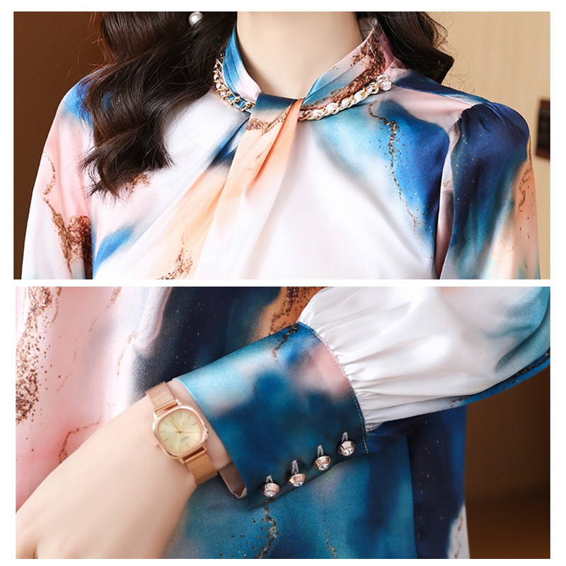 Modni lanac Diamond Patchwork svilena bluza Ženske majice s dugim rukavima i samostojećim ovratnikom Uredska ženska radna odjeća Bluze od satenske košulje