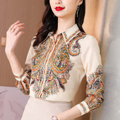 Cămașă de mătase din satin pentru femei Bluză Topuri Vintage cu mânecă lungă cu rever cu imprimeu floral Cămăși de birou pentru doamne de lucru pentru petrecere Haine de primăvară toamnă