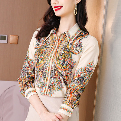 Cămașă de mătase din satin pentru femei Bluză Topuri Vintage cu mânecă lungă cu rever cu imprimeu floral Cămăși de birou pentru doamne de lucru pentru petrecere Haine de primăvară toamnă