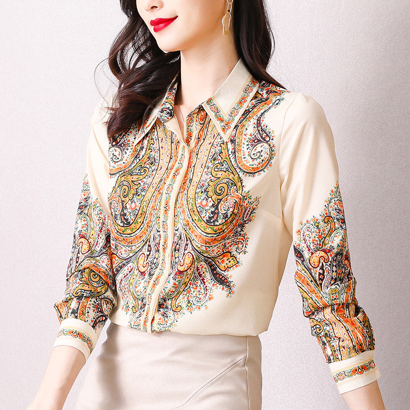 Cămașă de mătase din satin pentru femei Bluză Topuri Vintage cu mânecă lungă cu rever cu imprimeu floral Cămăși de birou pentru doamne de lucru pentru petrecere Haine de primăvară toamnă