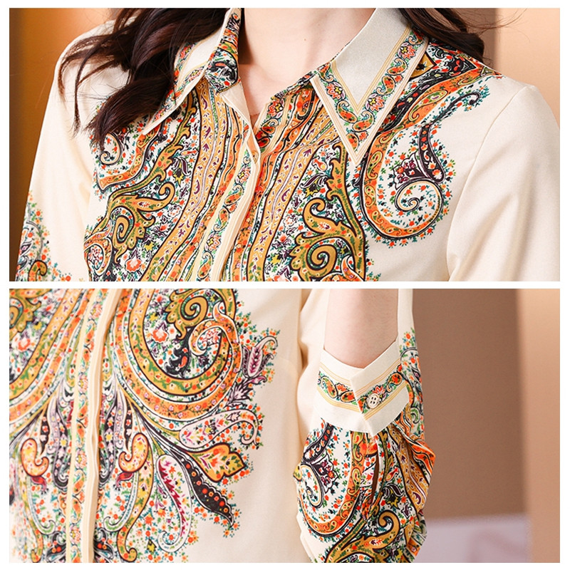 Cămașă de mătase din satin pentru femei Bluză Topuri Vintage cu mânecă lungă cu rever cu imprimeu floral Cămăși de birou pentru doamne de lucru pentru petrecere Haine de primăvară toamnă