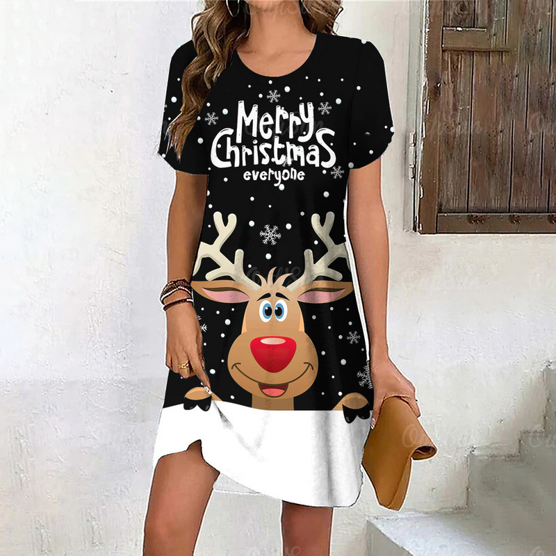 Rochie de elan din desene animate pentru femei, drăguță, rochie de seară cu fulgi de nea de Crăciun, mini rochii de iarnă cu mâneci scurte, haine casual de petrecere la modă