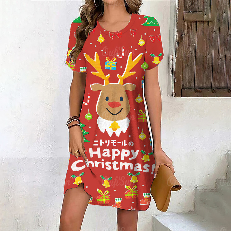 Rochie de elan din desene animate pentru femei, drăguță, rochie de seară cu fulgi de nea de Crăciun, mini rochii de iarnă cu mâneci scurte, haine casual de petrecere la modă