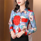 Μόδα Floral σατέν μεταξωτά πουκάμισα Γυναικεία μπλουζάκια Άνοιξη φθινόπωρο μακρυμάνικο πέτο Κομψό γραφείο Γυναικεία πουκάμισα εργασίας Μπλούζα S-3XL