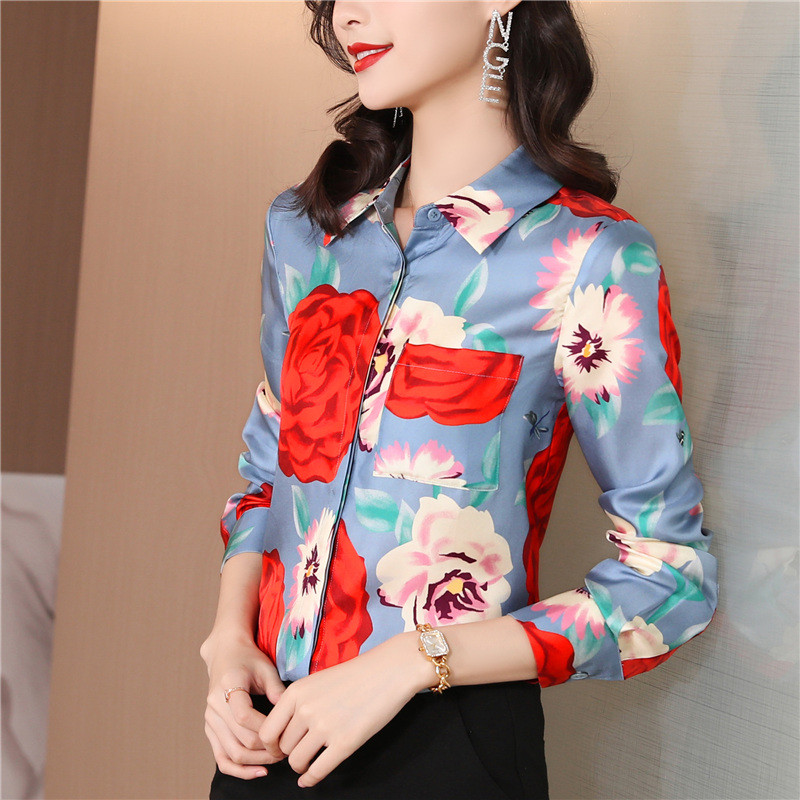 Μόδα Floral σατέν μεταξωτά πουκάμισα Γυναικεία μπλουζάκια Άνοιξη φθινόπωρο μακρυμάνικο πέτο Κομψό γραφείο Γυναικεία πουκάμισα εργασίας Μπλούζα S-3XL