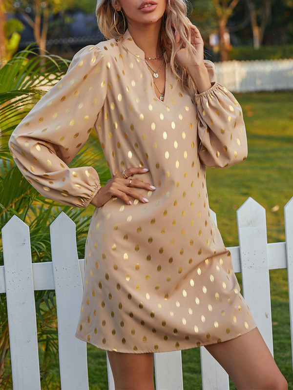 Benuynffy Jesenske uredske dame Bronzing Mini haljine 2023. Elegantne puf dugih rukava s V izrezom High Street ženske široke haljine A-kroja