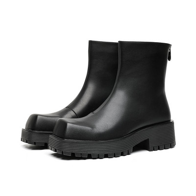 Klasisks melns zīmola Vintage vīriešu ādas apavi ar augstu augšdaļu Jauni motociklu zābaki vīriešu apavi Modes kvadrātveida purngalu siltie zābaki