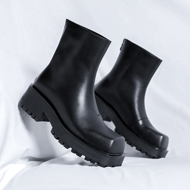 Klasisks melns zīmola Vintage vīriešu ādas apavi ar augstu augšdaļu Jauni motociklu zābaki vīriešu apavi Modes kvadrātveida purngalu siltie zābaki