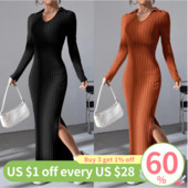 Rochie lungă cu decolteu în V rochie moale din tricot pentru femei, cu nervuri pentru lounge, rochie lungă, ocazională, de culoare solidă, croșetată, slim fit, pentru navetă