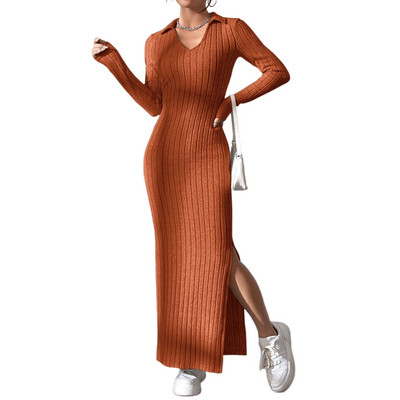 Rochie lungă cu decolteu în V rochie moale din tricot pentru femei, cu nervuri pentru lounge, rochie lungă, ocazională, de culoare solidă, croșetată, slim fit, pentru navetă