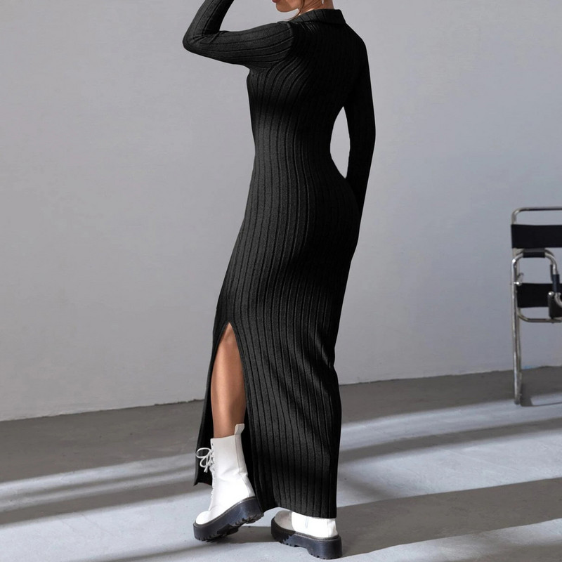 Rochie lungă cu decolteu în V rochie moale din tricot pentru femei, cu nervuri pentru lounge, rochie lungă, ocazională, de culoare solidă, croșetată, slim fit, pentru navetă