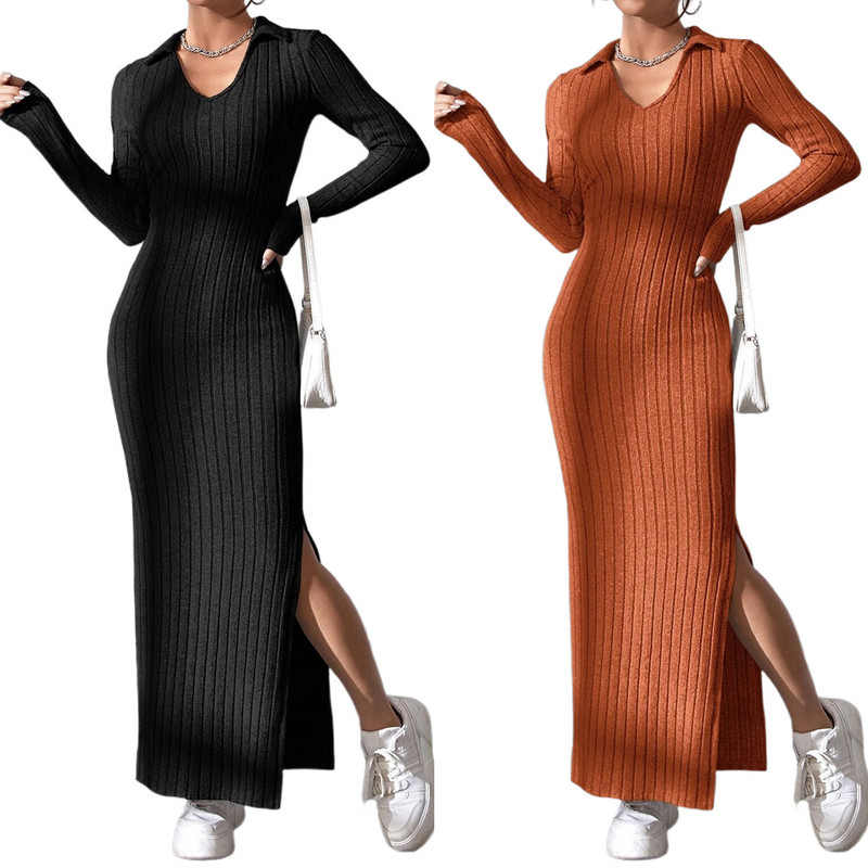 Rochie lungă cu decolteu în V rochie moale din tricot pentru femei, cu nervuri pentru lounge, rochie lungă, ocazională, de culoare solidă, croșetată, slim fit, pentru navetă