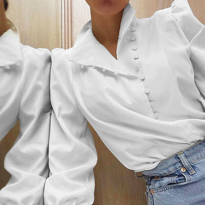 Ženska elegantna dolčevita s dugim rukavima, bijela bluza, majica, ženski top, ležerne, jednobojne jednokopčane, ženske bluze s puf rukavima, bluze