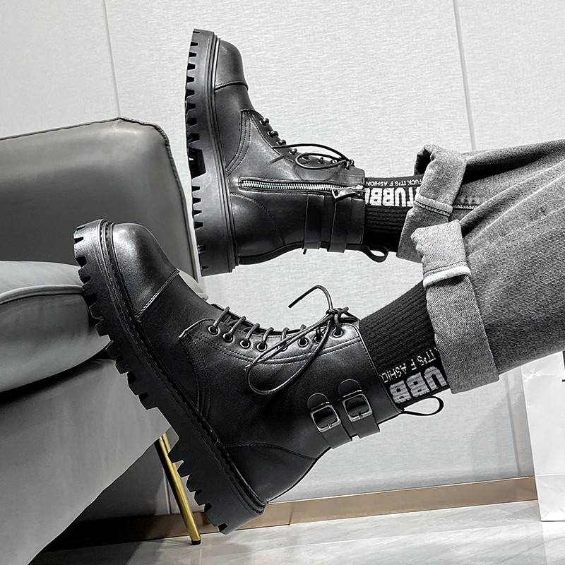 Φθινοπωρινές και χειμερινές δερμάτινες αγκράφες ανδρικές μπότες επώνυμων σχεδιαστών μπότες μεσαίας κορυφής ανδρικές μαύρες στρατιωτικές μπότες υπαίθριες μπότες μοτοσυκλέτας
