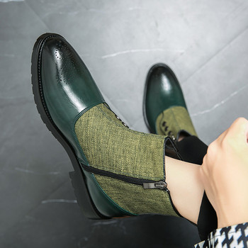 Модерен панел от зелен плат Челси Ботуши Мъжки къси ботуши Остри кожени обувки Универсални ежедневни ботуши Ежедневни парти обувки