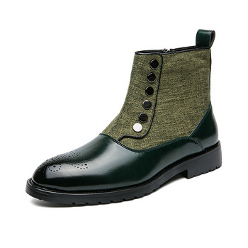 Модерен панел от зелен плат Челси Ботуши Мъжки къси ботуши Остри кожени обувки Универсални ежедневни ботуши Ежедневни парти обувки