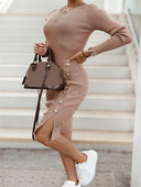 Rochii elegante de petrecere pentru femei 2023, la modă de toamnă, rochie solidă cu mânecă lungă, cu fante cu nasturi, rochie subțire tricotată vintage cu decolteu O