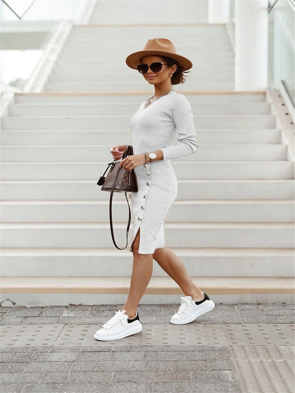 Rochii elegante de petrecere pentru femei 2023, la modă de toamnă, rochie solidă cu mânecă lungă, cu fante cu nasturi, rochie subțire tricotată vintage cu decolteu O