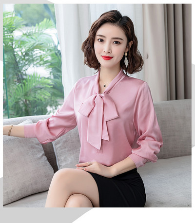 Elegantna satenska svilena mašna jarkih boja, ženska košulja, bluza dugih rukava, modna korejska uredska ženska radna košulja, osnovne ženske majice