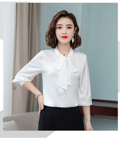 Elegantna satenska svilena mašna jarkih boja, ženska košulja, bluza dugih rukava, modna korejska uredska ženska radna košulja, osnovne ženske majice