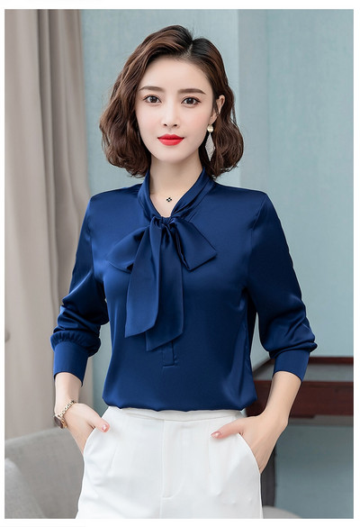 Elegantna satenska svilena mašna jarkih boja, ženska košulja, bluza dugih rukava, modna korejska uredska ženska radna košulja, osnovne ženske majice