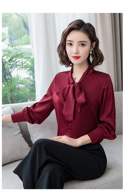 Elegantna satenska svilena mašna jarkih boja, ženska košulja, bluza dugih rukava, modna korejska uredska ženska radna košulja, osnovne ženske majice