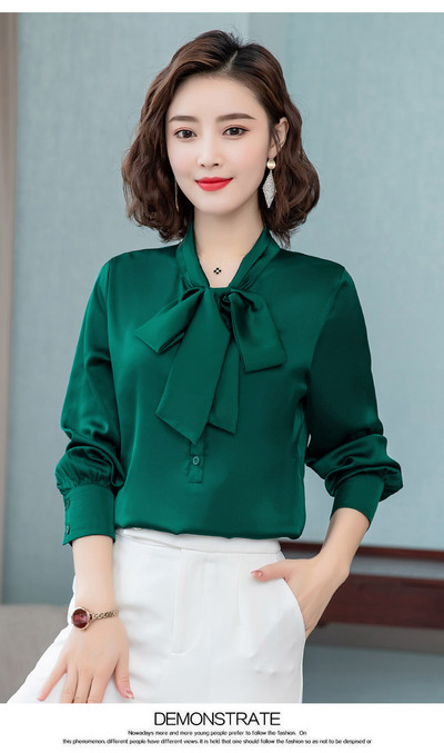 Elegantna satenska svilena mašna jarkih boja, ženska košulja, bluza dugih rukava, modna korejska uredska ženska radna košulja, osnovne ženske majice