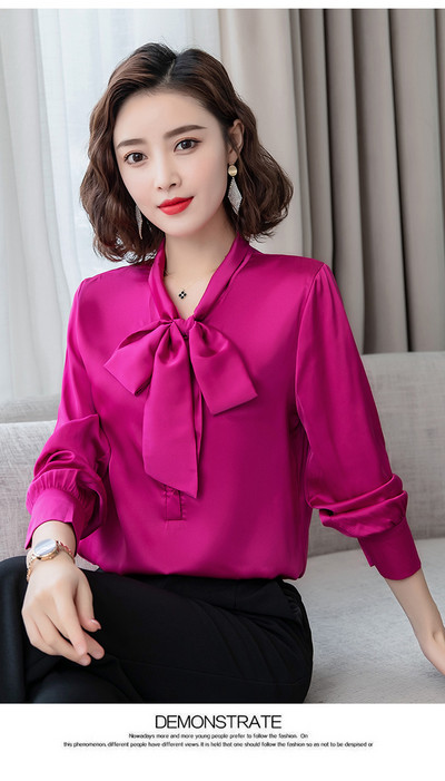 Elegantna satenska svilena mašna jarkih boja, ženska košulja, bluza dugih rukava, modna korejska uredska ženska radna košulja, osnovne ženske majice