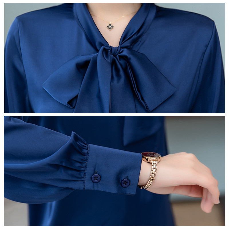 Elegantna satenska svilena mašna jarkih boja, ženska košulja, bluza dugih rukava, modna korejska uredska ženska radna košulja, osnovne ženske majice