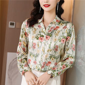 Κομψό Rose Print Μεταξωτό πουκάμισο Άνοιξη Φθινοπωρινό μακρυμάνικο πέτο σατέν μπλούζα γραφείο Γυναικεία πουκάμισα εργασίας Γυναικεία μπλουζάκια Casual ρούχα