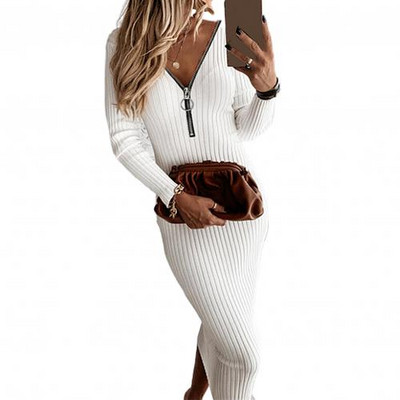 Eleganta kleita sievietēm rudens seksīga ar rāvējslēdzēju ar V kakla izgriezumu, garām piedurknēm bez aizmugures, šauras, rievotas trikotāžas Bodycon Midi džempera kleitas ballītei