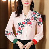 Cămașă din mătase din satin cu flori pentru femei, bluză de primăvară, vară, cu decolteu în V, cu mânecă lungă, elegantă, pentru birou, pentru damă, cămașă de lucru, topuri casual, haine