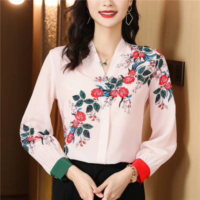 Cămașă din mătase din satin cu flori pentru femei, bluză de primăvară, vară, cu decolteu în V, cu mânecă lungă, elegantă, pentru birou, pentru damă, cămașă de lucru, topuri casual, haine