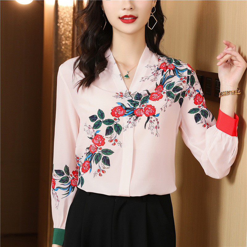 Cămașă din mătase din satin cu flori pentru femei, bluză de primăvară, vară, cu decolteu în V, cu mânecă lungă, elegantă, pentru birou, pentru damă, cămașă de lucru, topuri casual, haine