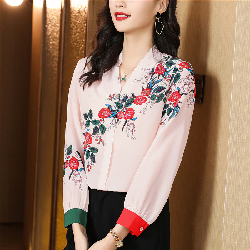 Cămașă din mătase din satin cu flori pentru femei, bluză de primăvară, vară, cu decolteu în V, cu mânecă lungă, elegantă, pentru birou, pentru damă, cămașă de lucru, topuri casual, haine