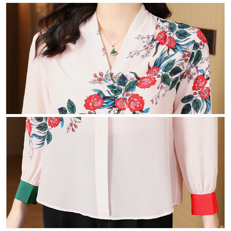 Cămașă din mătase din satin cu flori pentru femei, bluză de primăvară, vară, cu decolteu în V, cu mânecă lungă, elegantă, pentru birou, pentru damă, cămașă de lucru, topuri casual, haine