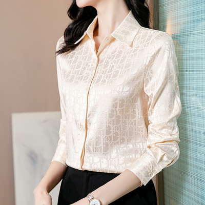 Μόδα ριγέ καρό ζακάρ σατέν μεταξωτό πουκάμισο Γυναικεία μπλούζα γραφείο Γυναικείο OL πουκάμισο εργασίας μακρυμάνικο ανοιξιάτικο φθινόπωρο τοπ Ρούχα