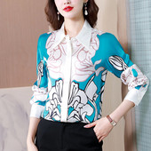 Vintage satenske svilene košulje s prugastim cvjetnim printom Bluze s dugim rukavima Ženske majice Elegantna uska odjeća sa skrivenim gumbima Proljetna jesen