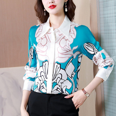 Vintage satenske svilene košulje s prugastim cvjetnim printom Bluze s dugim rukavima Ženske majice Elegantna uska odjeća sa skrivenim gumbima Proljetna jesen