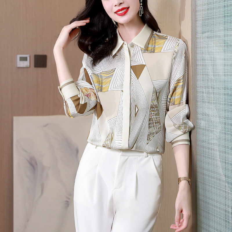 Vintage satenske svilene košulje s prugastim cvjetnim printom Bluze s dugim rukavima Ženske majice Elegantna uska odjeća sa skrivenim gumbima Proljetna jesen