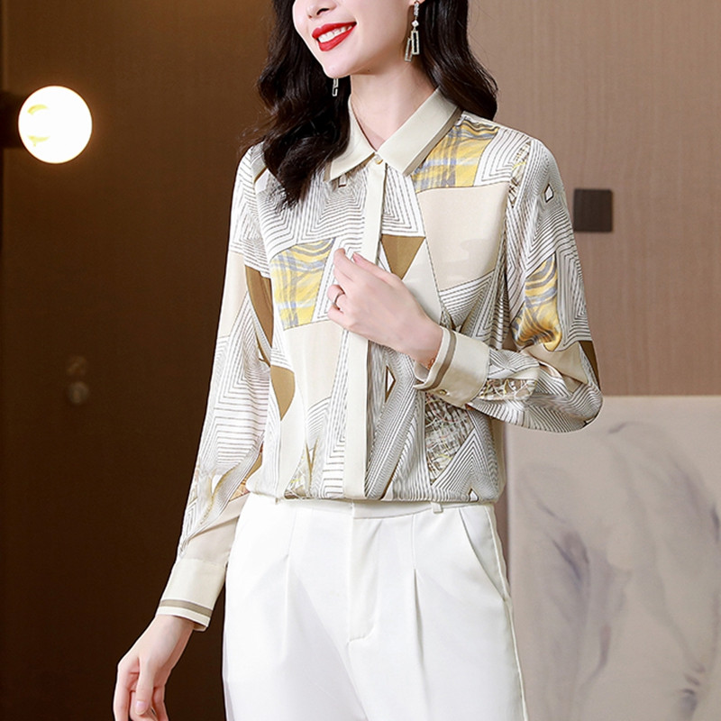 Vintage satenske svilene košulje s prugastim cvjetnim printom Bluze s dugim rukavima Ženske majice Elegantna uska odjeća sa skrivenim gumbima Proljetna jesen