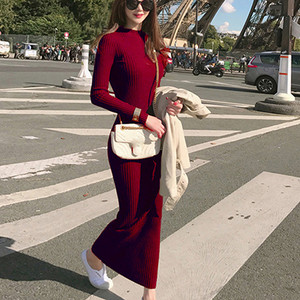 Iarnă calduroasă pulovere subțire rochie pulover la modă tricotat rochie din bumbac femei cu mânecă lungă decolteu O teacă rochie până la gleznă