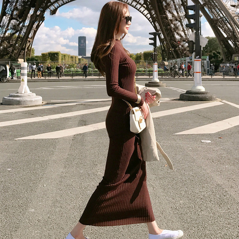 Iarnă calduroasă pulovere subțire rochie pulover la modă tricotat rochie din bumbac femei cu mânecă lungă decolteu O teacă rochie până la gleznă